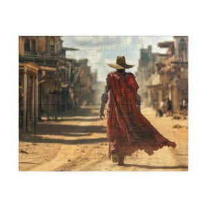 May include: A jigsaw puzzle featuring a figure in a red cloak and cowboy hat walking down a dusty street. The figure has metallic arms and is set against a backdrop of old western buildings.