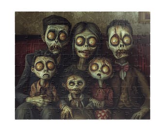 May include: A completed jigsaw puzzle depicting a zombie family portrait. The image shows six family members with grotesque features, including large eyes and exposed teeth. The color scheme is muted, with browns, greys, and reds dominating the artwork. A spooky family portrait.