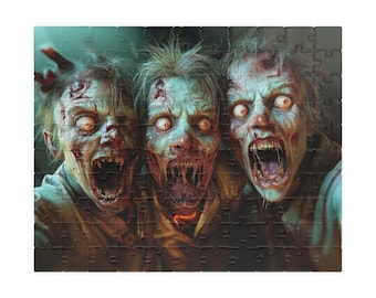 May include: A jigsaw puzzle featuring a gruesome image of three zombies with exposed teeth, open mouths, and bloodied faces. The zombies have pale green skin and wide, staring eyes. The puzzle pieces are visible.