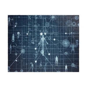 May include: A jigsaw puzzle featuring a blueprint-style design of the human body and interconnected systems. The puzzle has a dark blue background with white lines, circles, and human figure illustrations. The pieces are interlocking, creating a complete image.