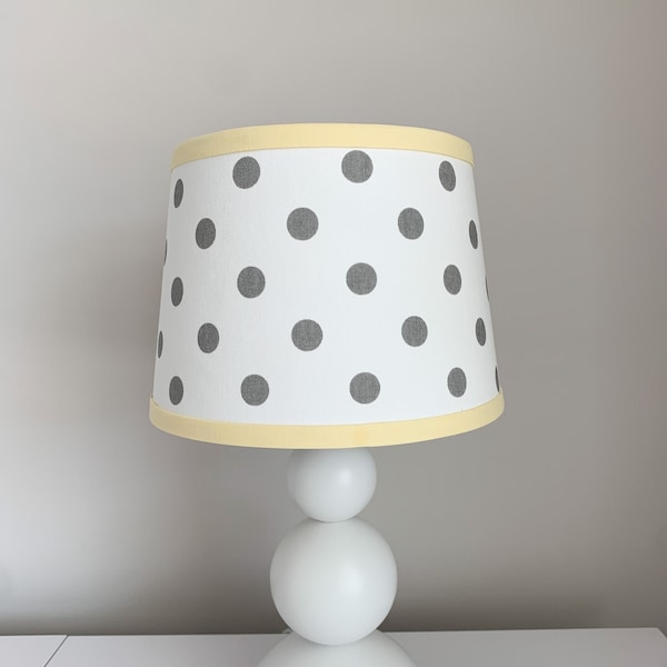Small Gray and white polka dot lamp shade with yellow trim.  Other colors available.