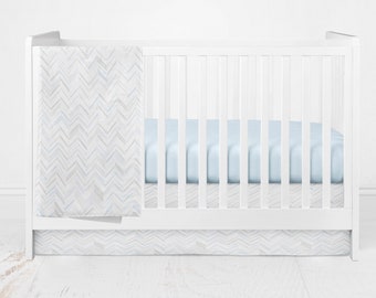 Baby boy crib bedding. Pastel blue herringbone chevron nursery bedding crib skirt blanket