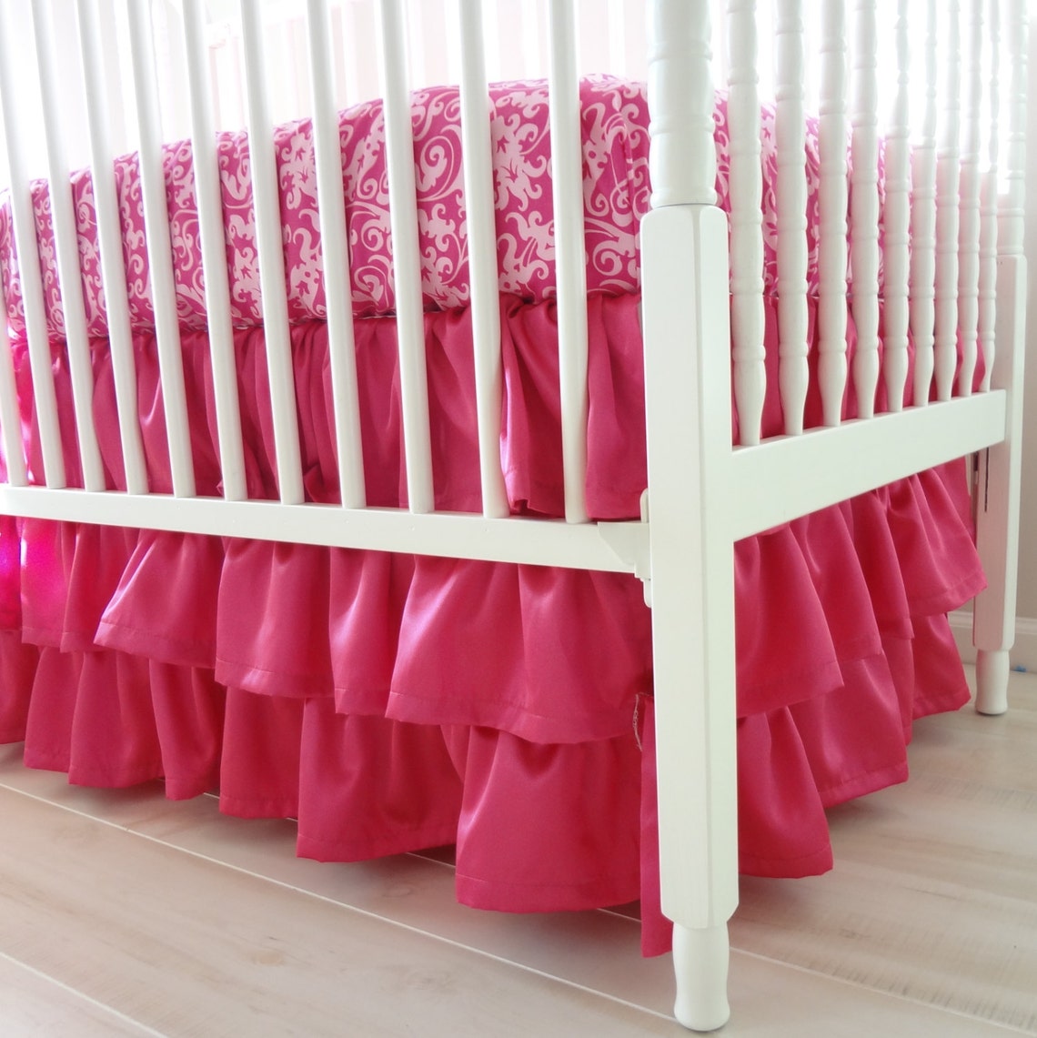 Ruffled Crib skirt. 3 Tiered Crib skirt design. Available in Etsy