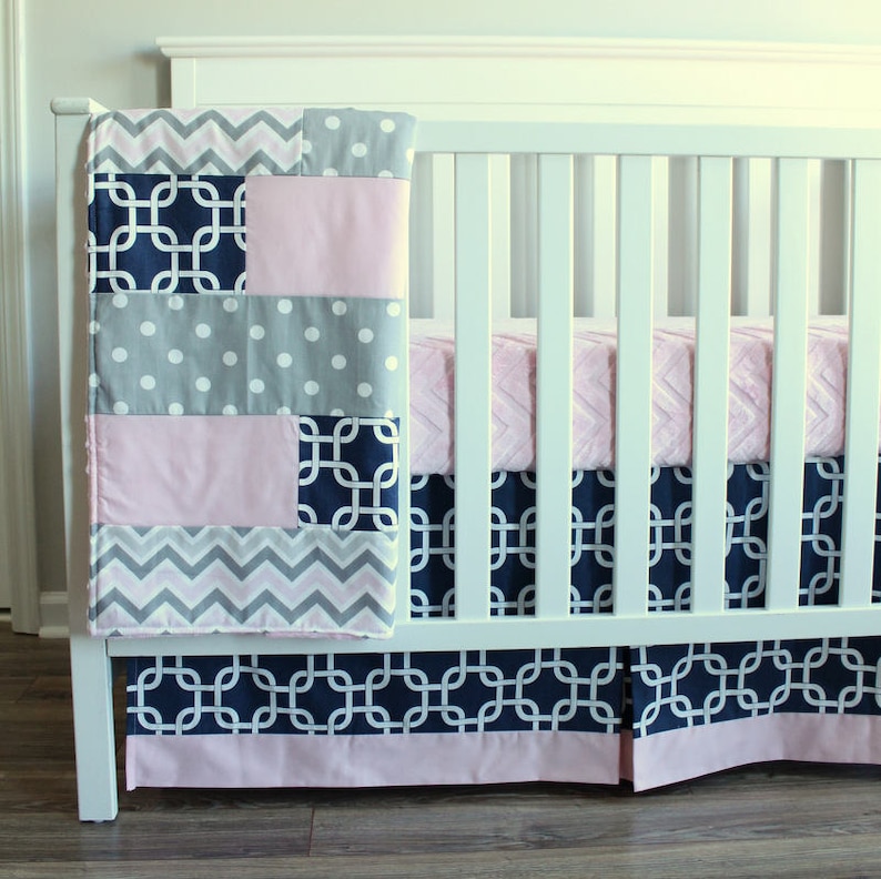 Baby Girl Crib Bedding Set Navy Blue Pink Gray Whale Perless
