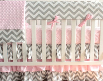 Gray Chevron Crib bedding. Ruffled Pink Crib Skirt, Crib Sheet Nursery