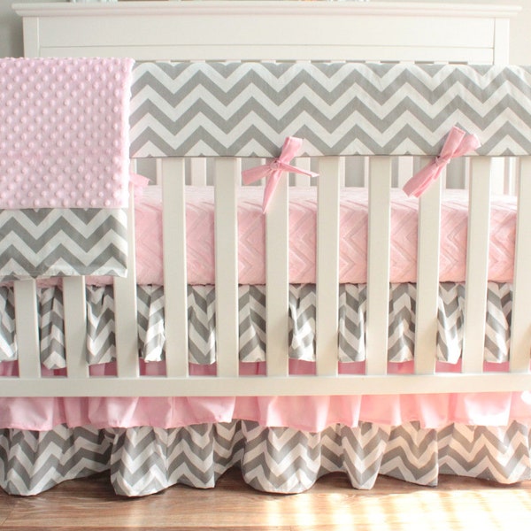 Gray Chevron Crib bedding. Ruffled Pink Crib Skirt, Crib Sheet Nursery