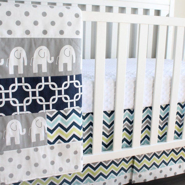 IN STOCK. 2 Piece Baby Crib bedding. Navy, Gray Elephant, chevron, polka dot crib set.