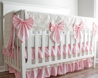 Baby Girl Crib Bedding. Pink and Ivory Lace ruffled Crib skirt.
