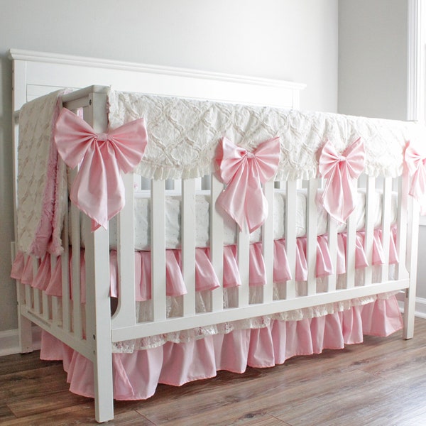 Baby Girl Crib Bedding. Pink and Ivory Lace ruffled Crib skirt.