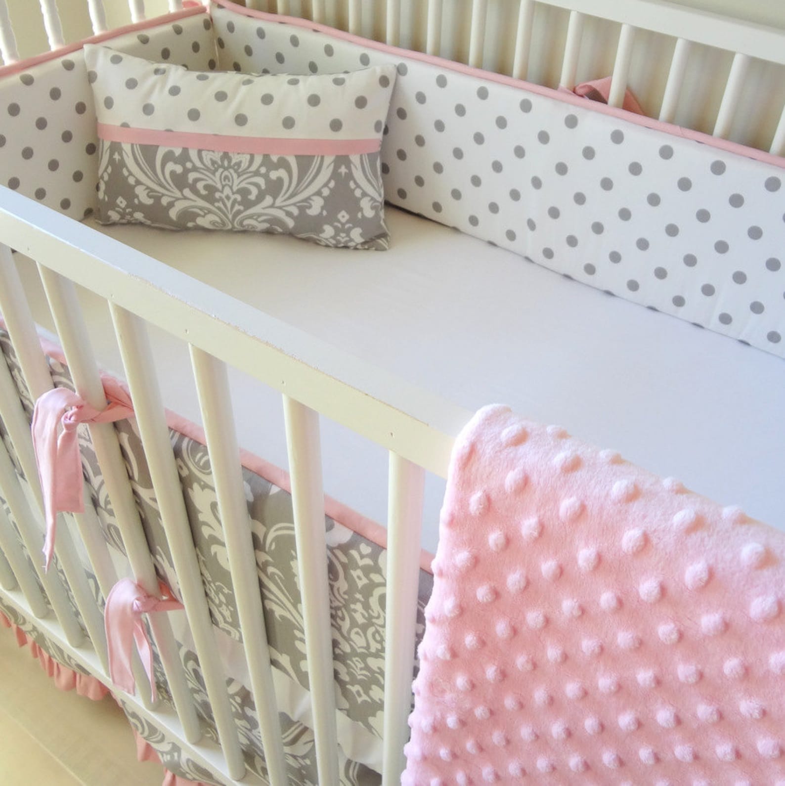 Pink and Gray Damask Crib Baby Bedding Set Etsy
