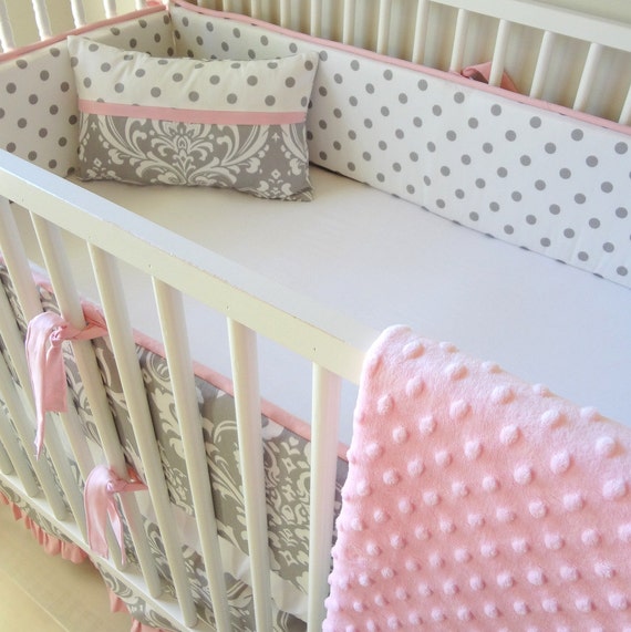 Pink And Gray Damask Crib Baby Bedding Set Etsy