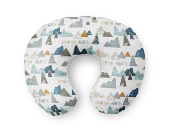 Nursing Pillow Cover  Adventure Awaits Mountain Woodland white blue baby nursery