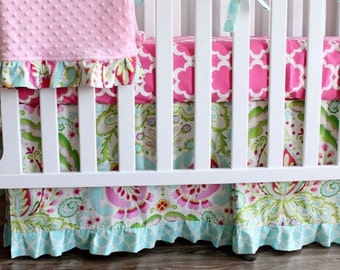 Kumari Garden Pink Crib Skirt, Blanket and crib sheet