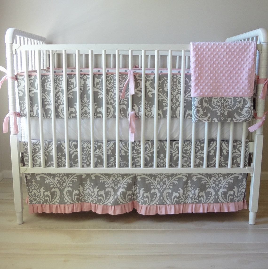 Pink and Gray Damask Crib Baby Bedding Set Etsy