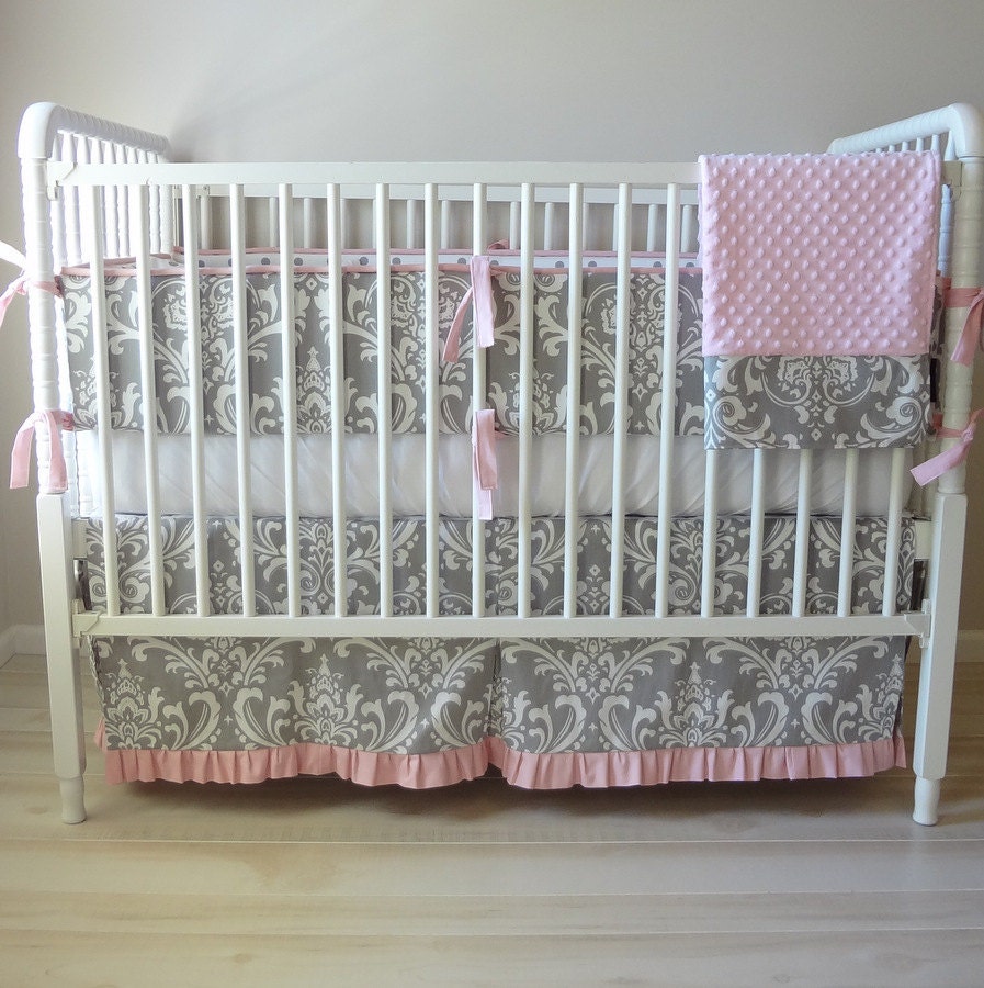 Pink and Gray Damask Crib Baby Bedding Set Etsy