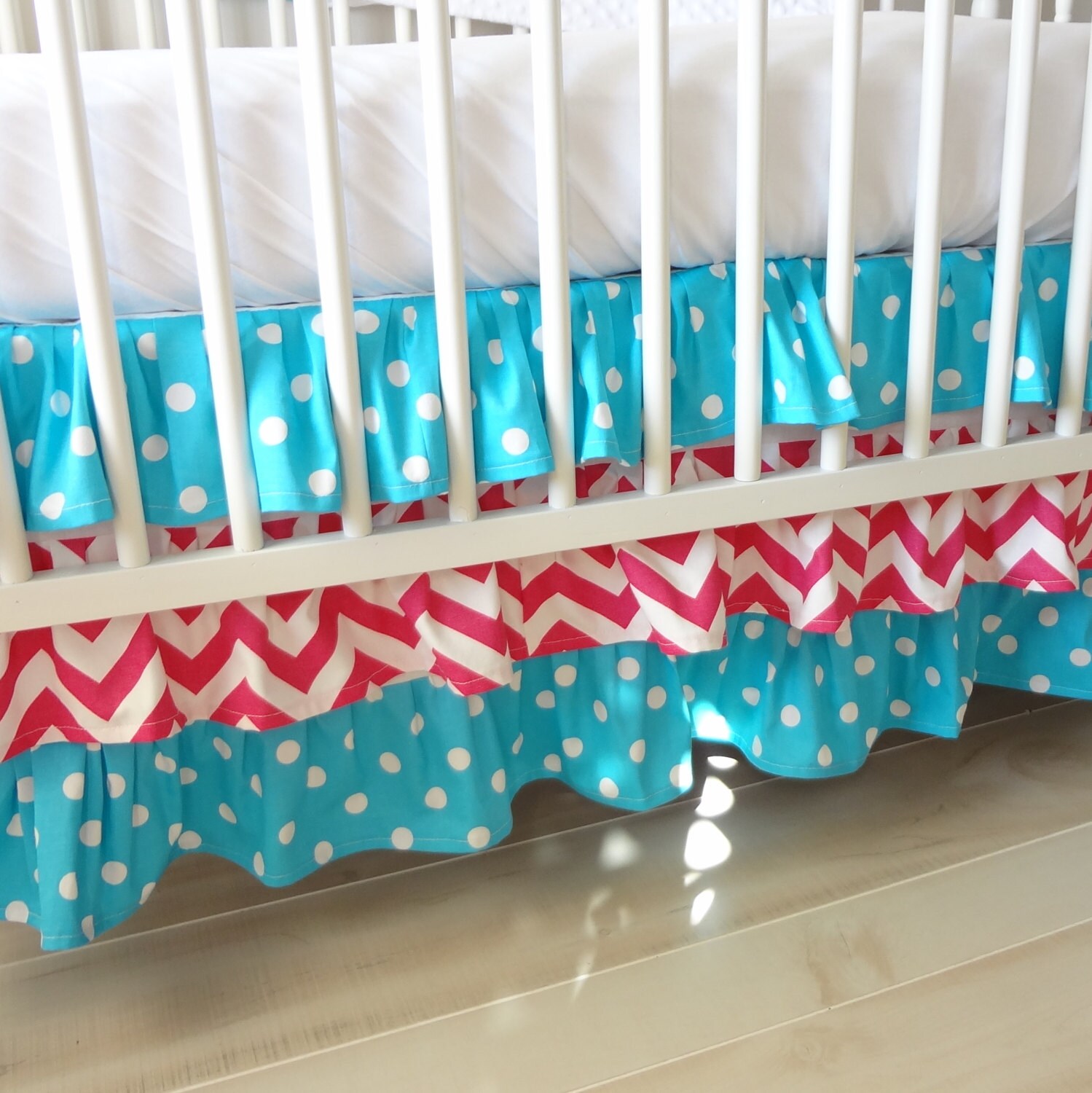 Ruffled Crib Skirt. 3 Tiered Crib Skirt Design. Available in Etsy