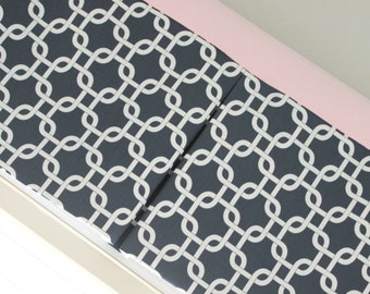 Navy Blue Gotcha and Pink Box Pleat valance. Available in other collections.