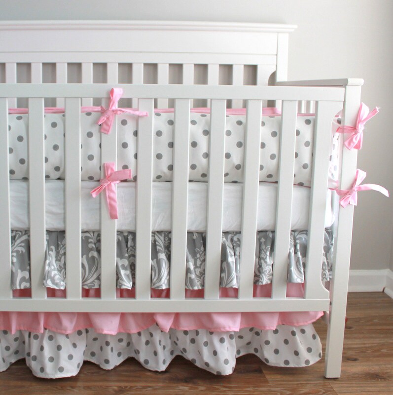 Pink And Gray Damask Crib Bedding Set With 3 Tiered Skirt