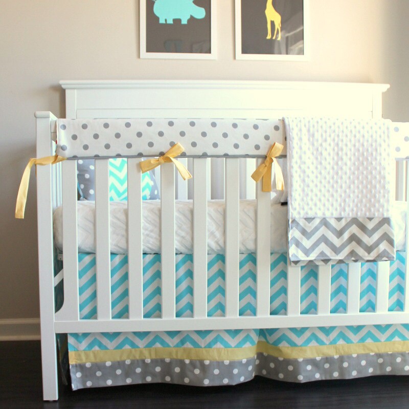 Chevron blue and yellow bumperless crib rail bedding Etsy