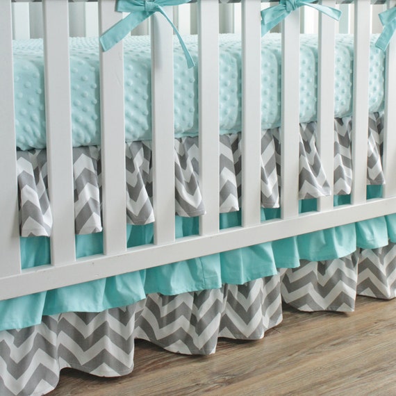 Custom Crib Bedding Gray Chevron Aqua Blue Bumperless Crib Etsy
