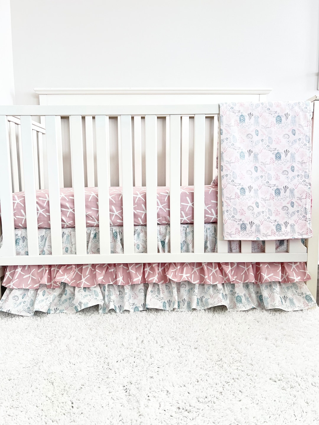 Under the Sea Nursery Baby Crib Bedding Pink Aqua Fishturtle Shell