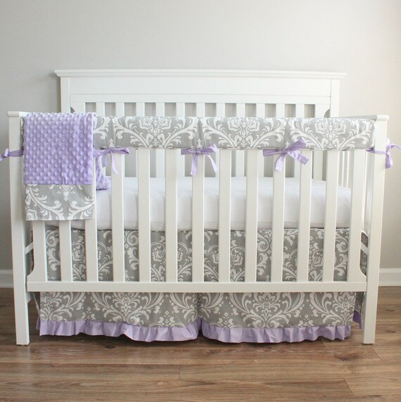 Items similar to Custom Crib bedding. Gray & Lavender Damask Crib Rail