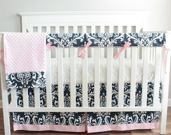 Navy Blue Damask and Pink Girl Crib bedding set