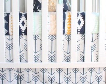 Boy crib bedding. Navy Mint Deer Woodland tribal Aztec Buck nursery bedding
