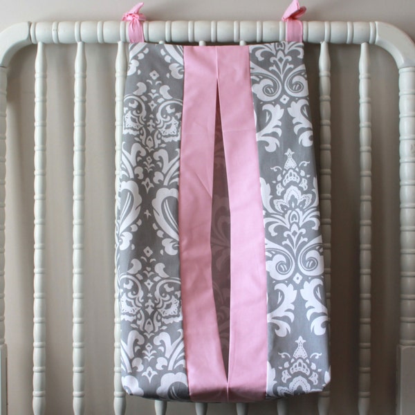 Pink Gray Damask Custom Made Diaper Stacker. Other color options available.