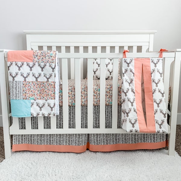 Woodland girl Crib bedding. Fawn, Coral, Mint, Deer Crib skirt