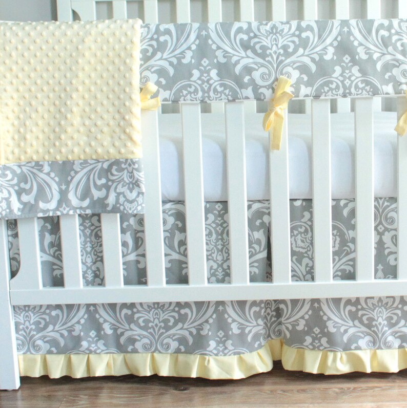 Gray Yellow Polka Dot Damask Crib Nursery Bedding Set Etsy