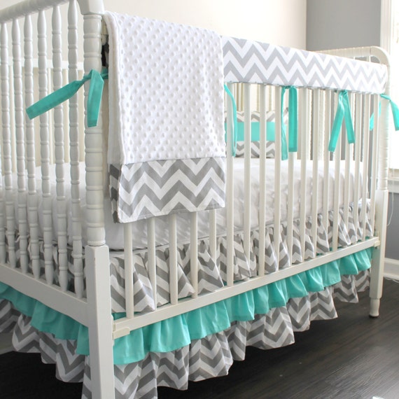 Custom Crib Bedding Gray Chevron Aqua Blue Bumperless Crib Etsy