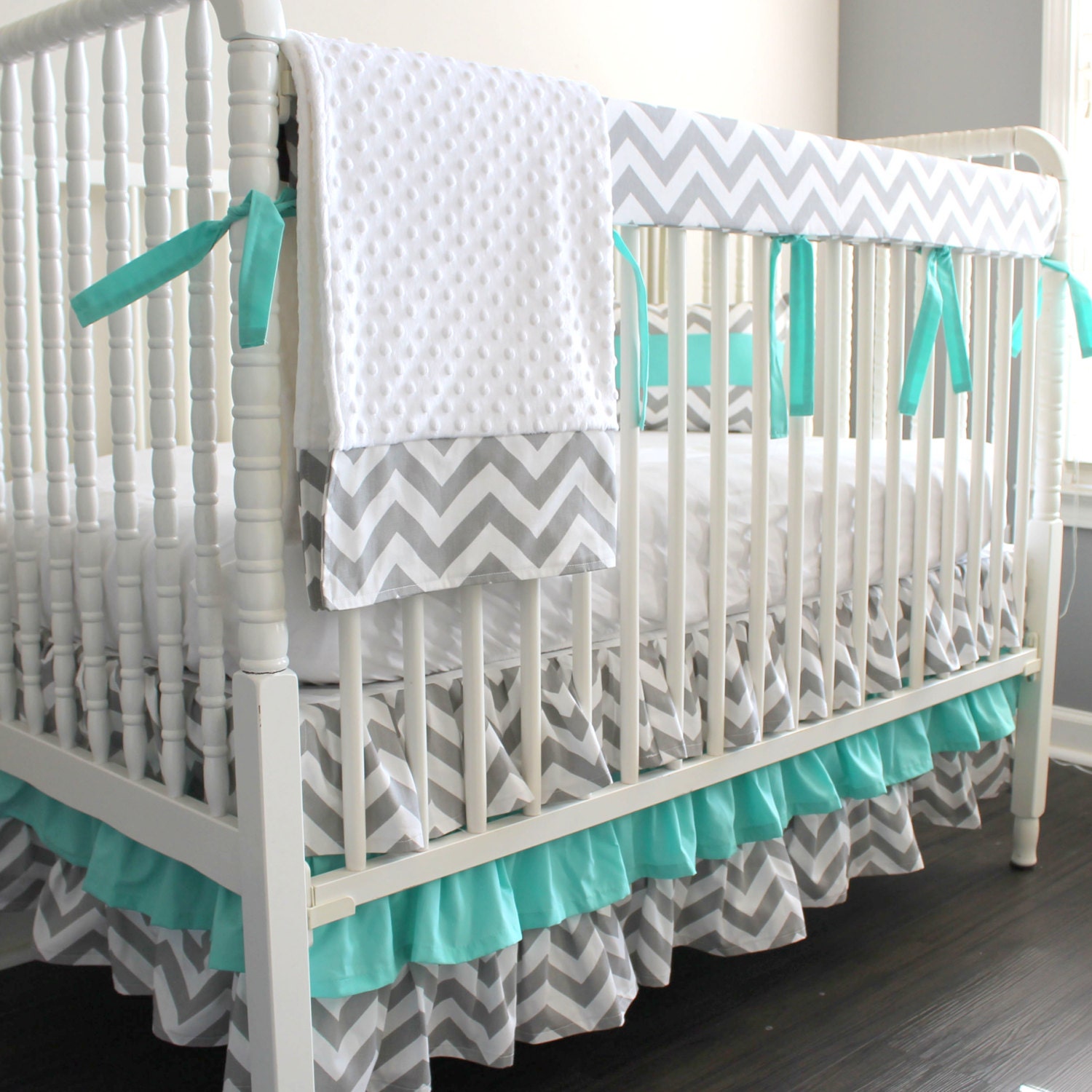 Custom Crib Bedding Gray Chevron Aqua Blue Bumperless Rail Set