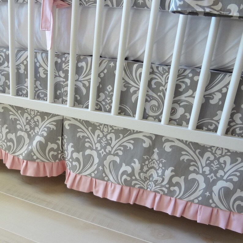 Pink and Gray Damask Crib Baby Bedding Set Etsy