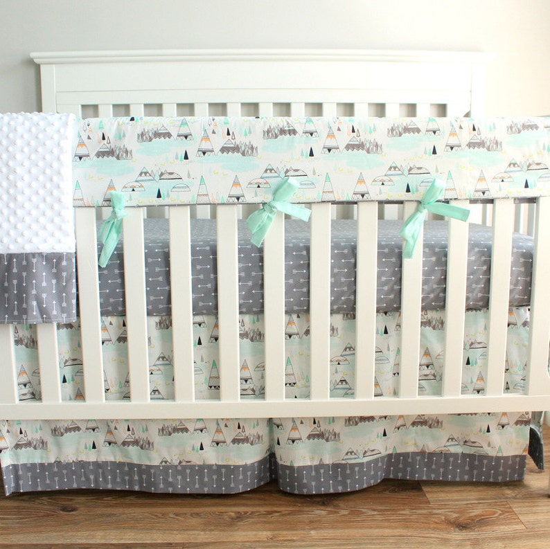 Boy Crib Bedding Set Woodland Mint Gray Teepee Indian summer Rail Cover Nursery Set