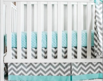 Baby crib bedding. Gray Chevron Aqua Crib girl boy Bedding Nursery