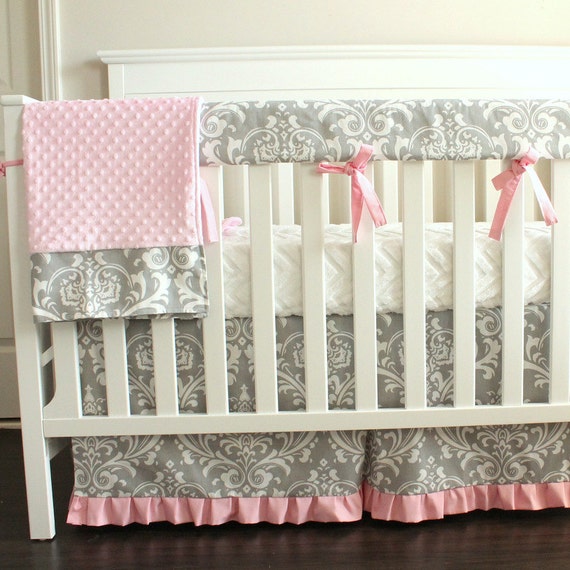 Gray & Pink Damask Crib Rail Bedding set. Etsy