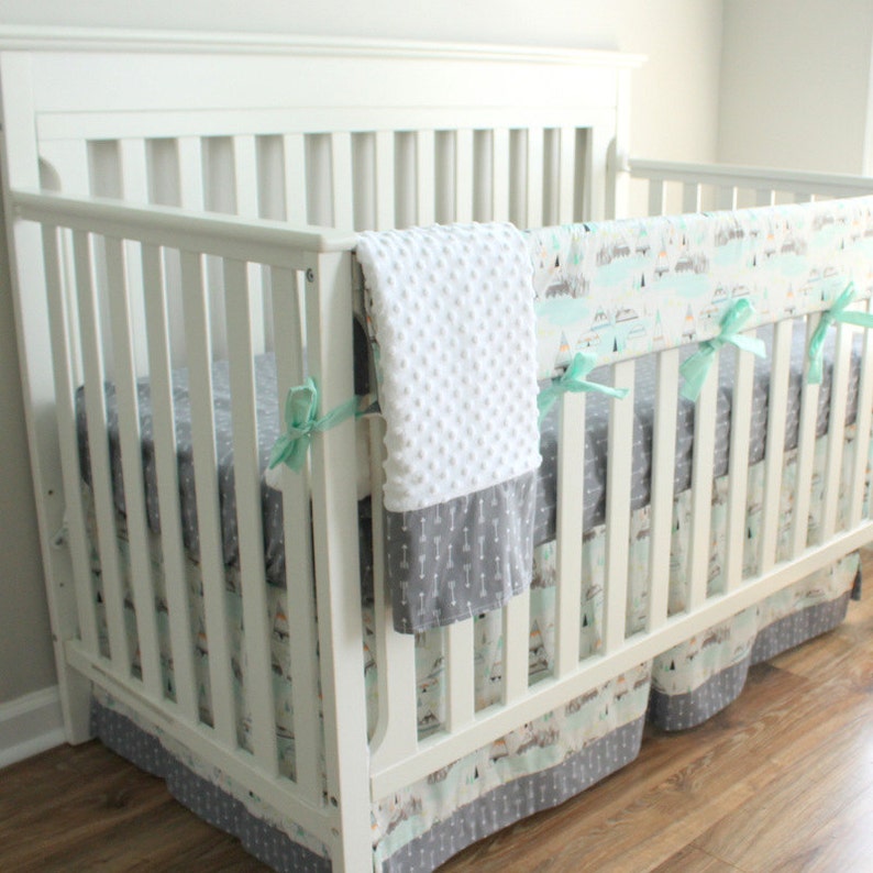 Boy Crib Bedding Set Woodland Mint Gray Teepee Indian summer Rail Cover Nursery Set