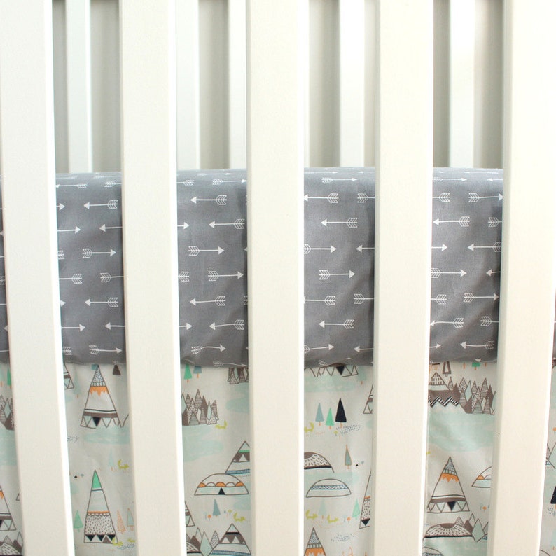 Boy Crib Bedding Set Woodland Mint Gray Teepee Indian summer Rail Cover Nursery Set