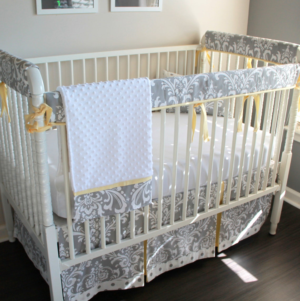 Gray and Yellow Damask Crib Rail Bedding Set Etsy