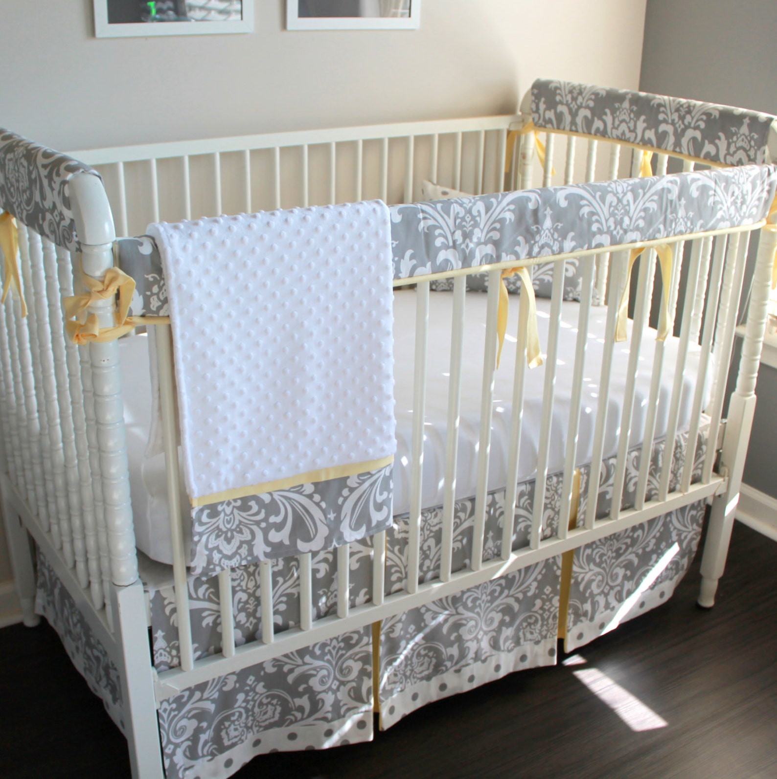 Gray and Yellow Damask Crib Rail Bedding Set Etsy