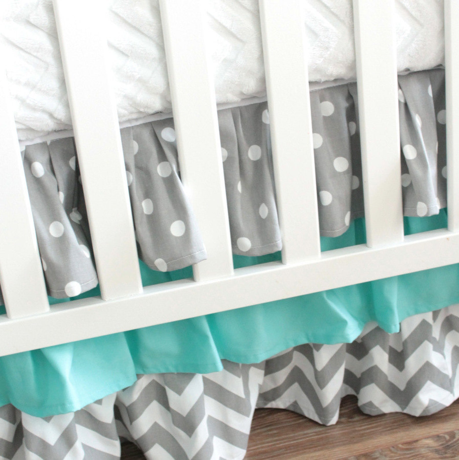 Ruffled Crib skirt. 3 Tiered Crib skirt design. Available in Etsy