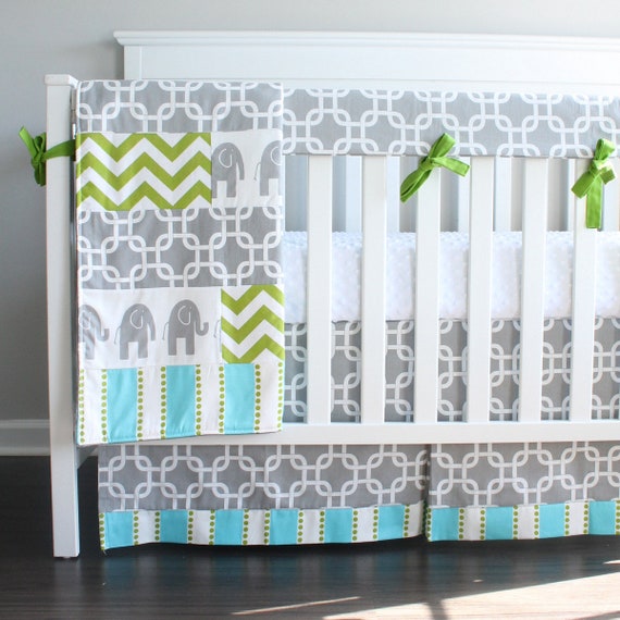 Baby Crib Bedding Gray Aqua Lime Green Elephant Chevron Crib Etsy