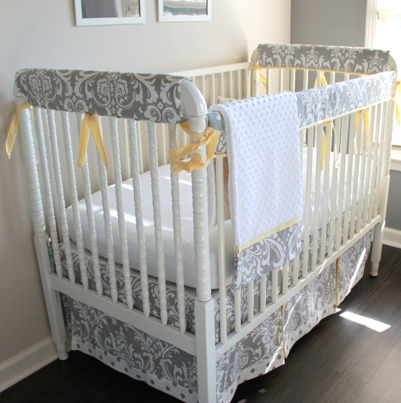 Gray and Yellow Damask Crib Rail Bedding Set Etsy