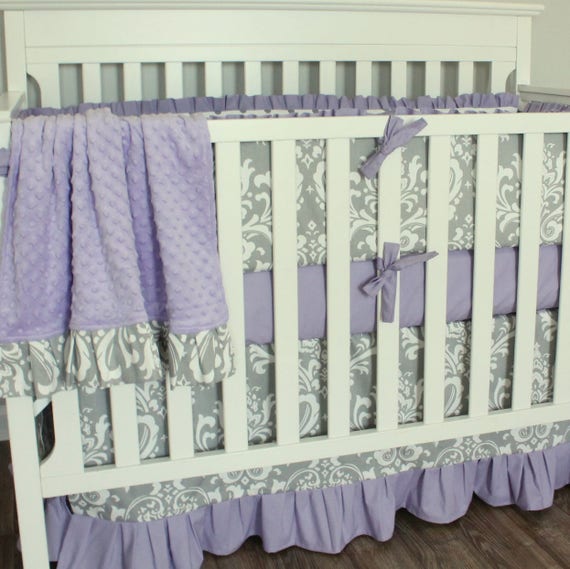 Baby Blankets Girl Crib Bedding Gray Lavender Damask Crib Bumper