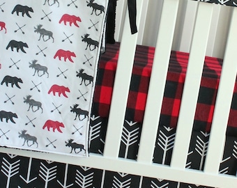 Woodland Moose Bear Boy Nursery Crib Bedding. Cribskirt  - Minky Blanket - Nursery Decor