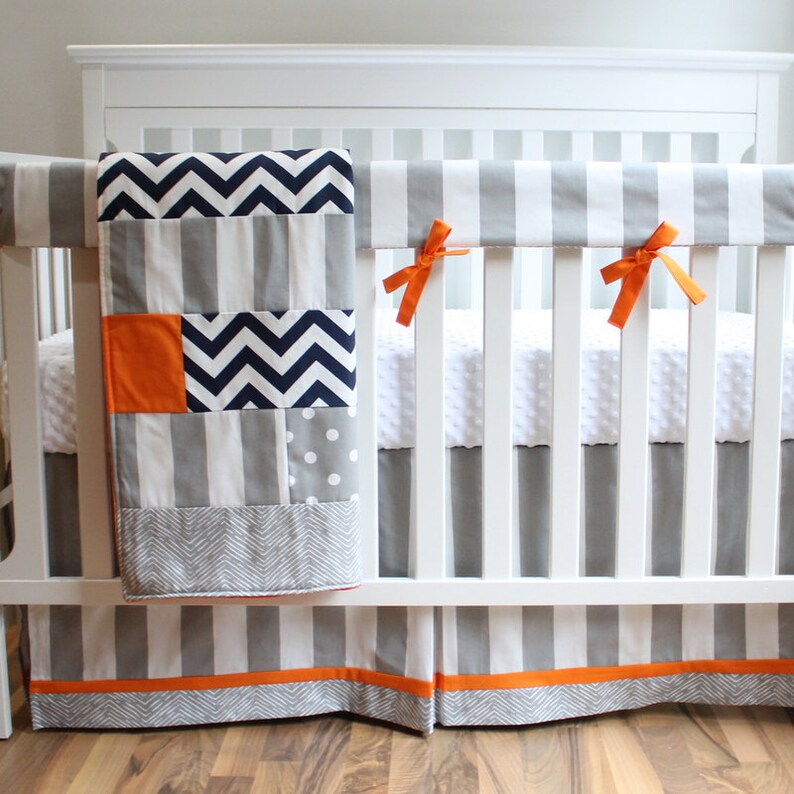 Gray and Orange Navy Stripe Bumperless Crib Bedding Set Etsy