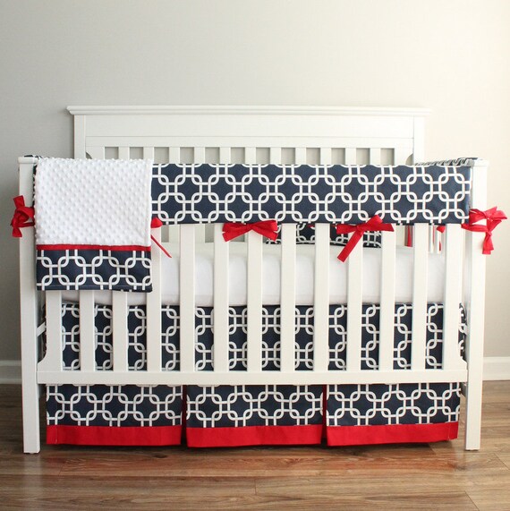 Boy Crib Bedding Set Navy Blue Red White Gotcha Bumperless Etsy