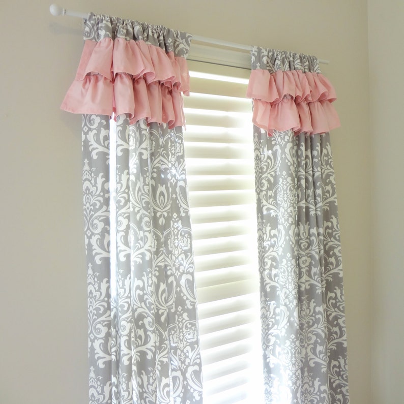 Gray Damask Ruffle Top Drapery Panels Etsy