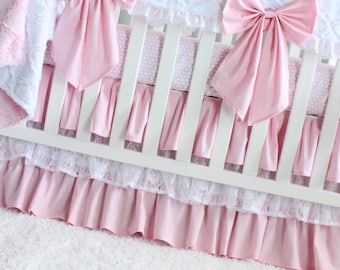 Baby Girl Crib Bedding. Pink and White Lace ruffled Crib skirt.